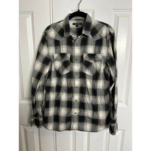 Banana Republic Men's Medium Shirt Tailored Slim Fit Black Grey Plaid Button Up